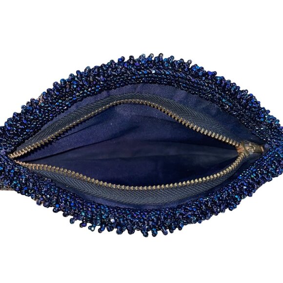 Handcrafted Beaded Navy Blue Half-Moon Clutch Purse With Zipper Closure Size M - Picture 7 of 8